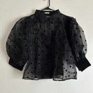 WHY Dress Black Sheer Polka Dot Puff Sleeve Blouse w Removable Cami NWT Medium